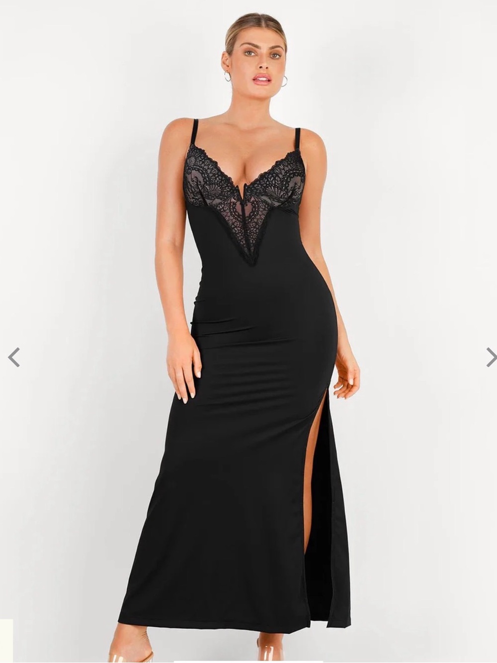 Populish- Black Lace-Trim Slip Maxi Dress with Side Slit